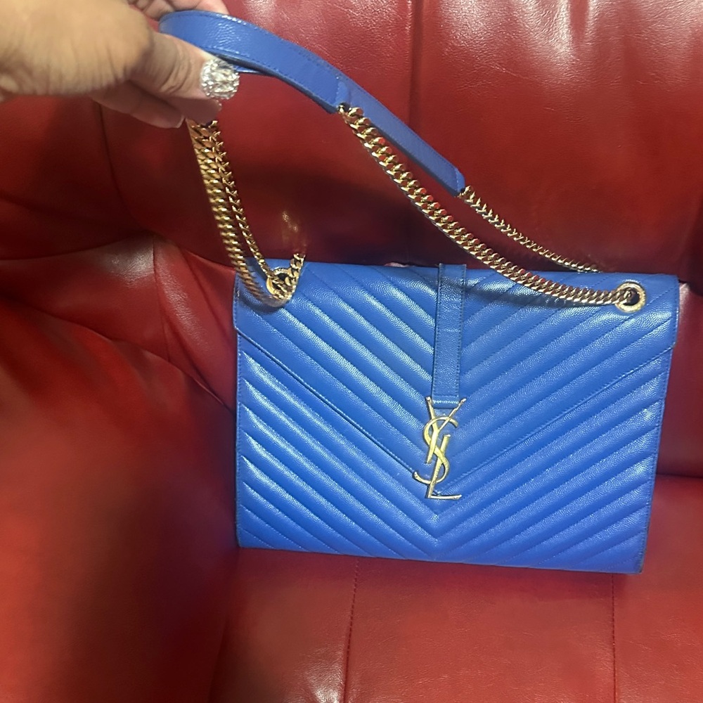 Yves Saint Laurent Blue Chevron Shoulder Bag with Gold Chain